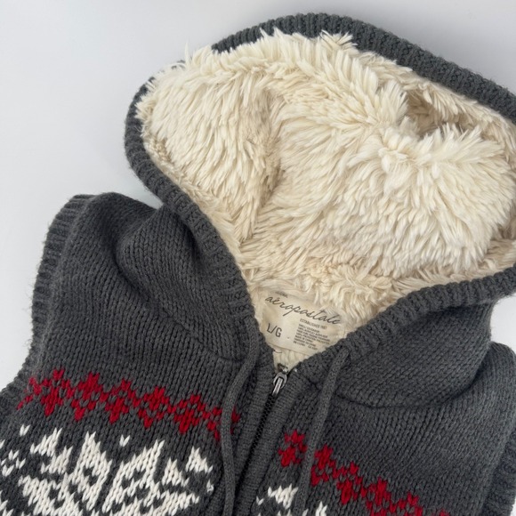 Y2K Aeropostale Womens Gray Fair Isle Snowflake Sherpa Lined Cozy Hooded Vest Lg - Picture 1 of 13